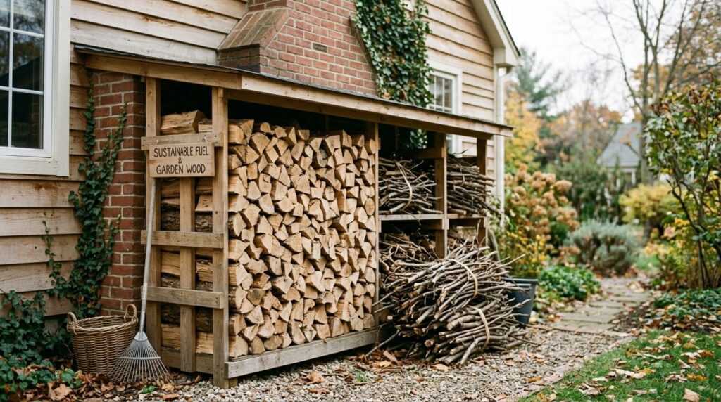 Realistic stock photo of neatly stacked firewood and garden