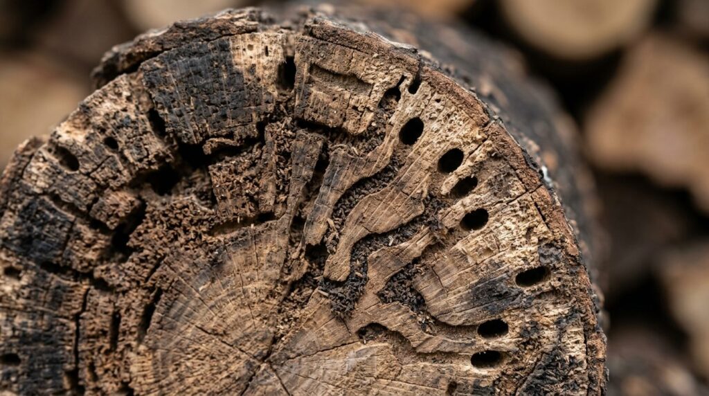 Professional macro photography of wood-boring beetle damage