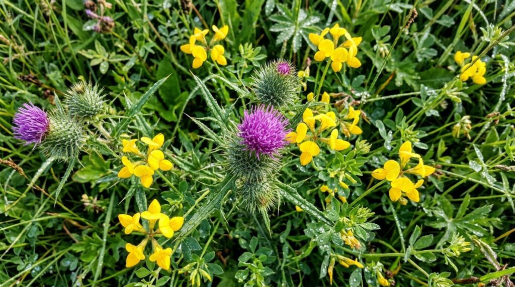 Close-up detail shot of wild plant species including purple 