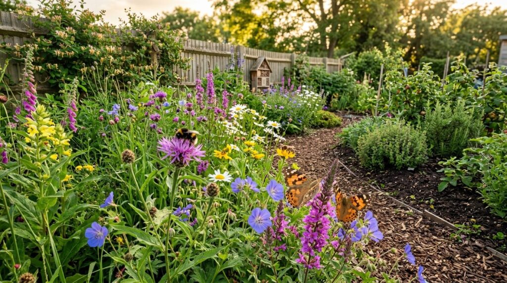 Ecological garden scene showing biodiversity with native wil