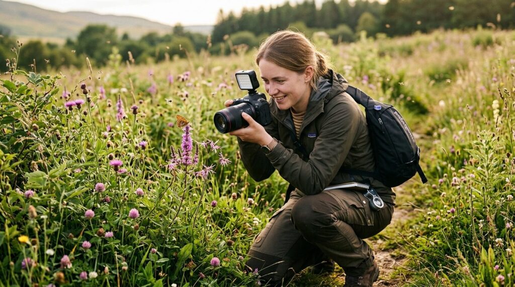 Field entomologist wearing black Patagonia Atom Sling 8L bag