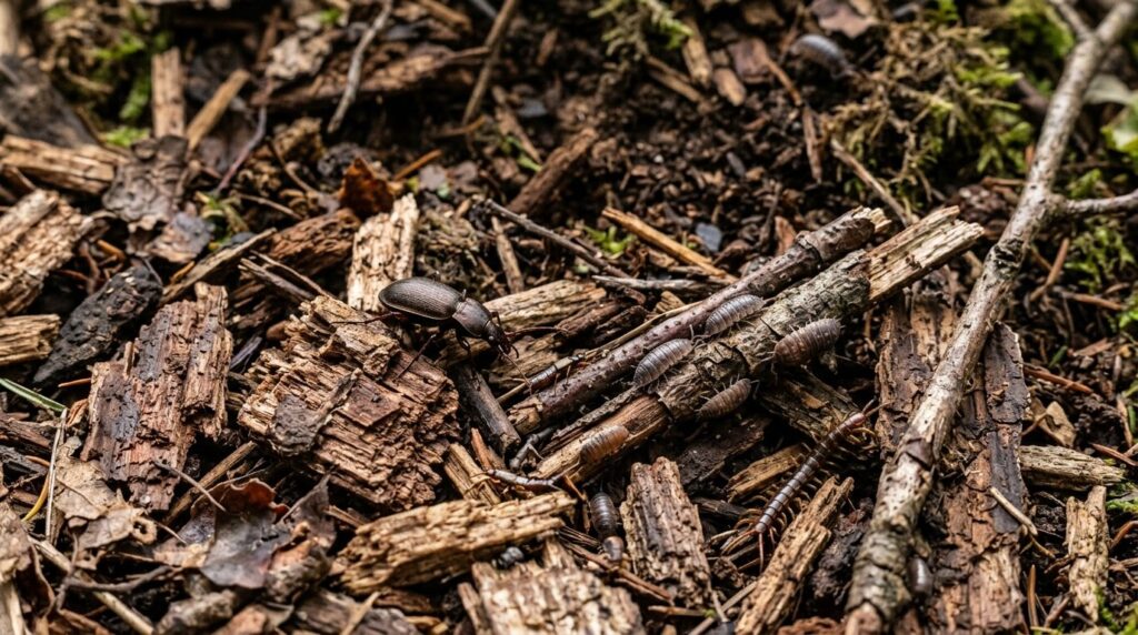 Close-up macro photography of crushed wood chips and fragmen