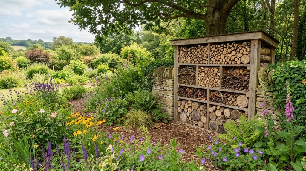 Wide landscape view of a sustainable garden habitat featurin