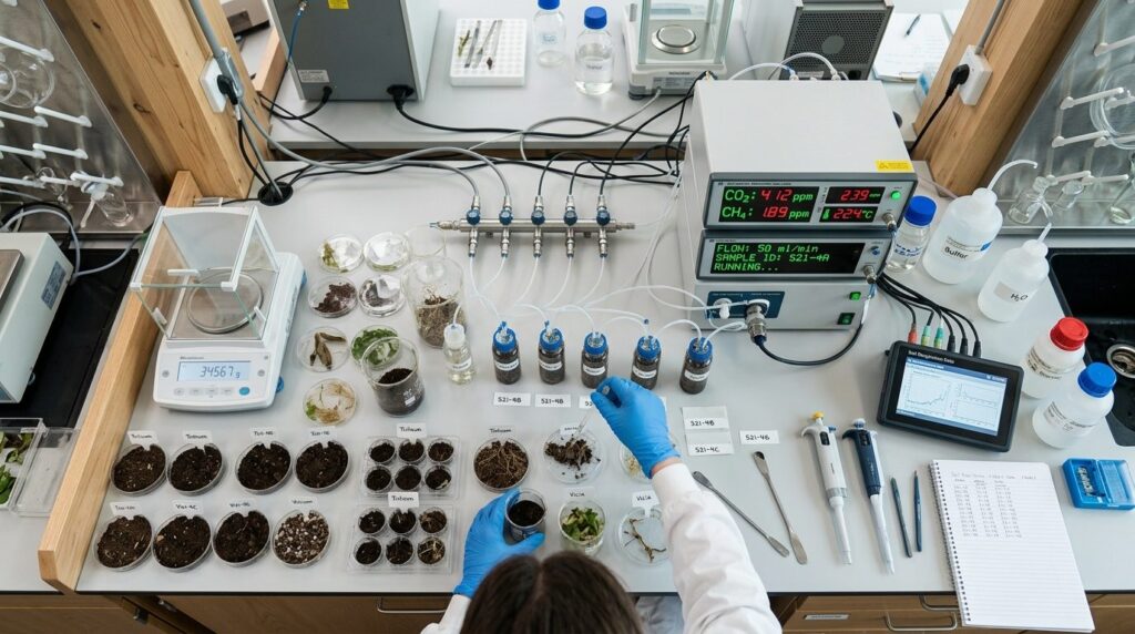 Top-down view of soil and plant material samples being analy
