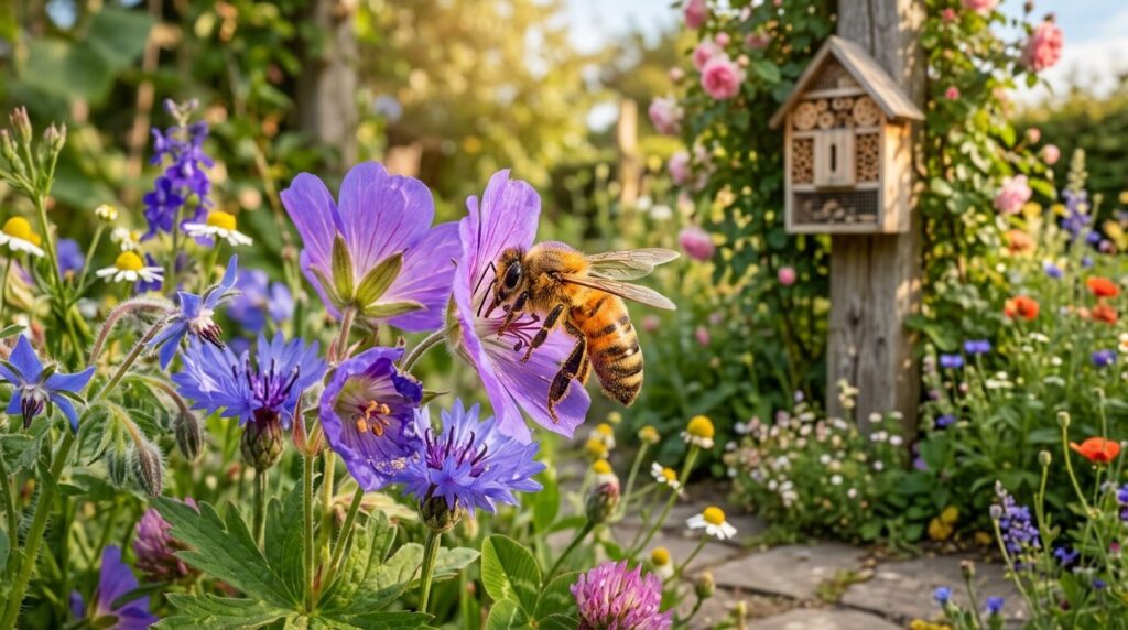Close-up macro photography of a colorful bee pollinating wil