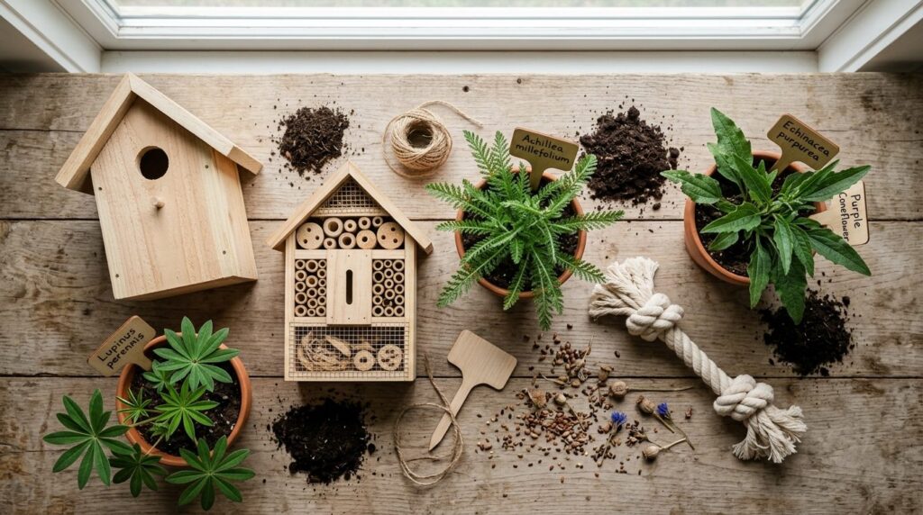 Overhead flat-lay composition of sustainable garden accessor